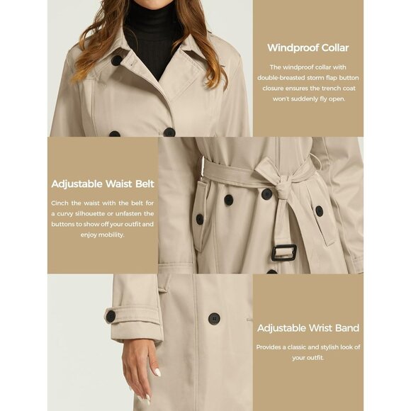 Women's Khaki  Waterproof Trench Coat Classic Lapel Outerwear Coat with Belt - Picture 5 of 6
